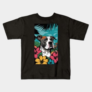 American Staffordshire Terrier PitBull Dog Vibrant Tropical Flower Tall Retro Vintage Digital Pop Art Portrait Kids T-Shirt